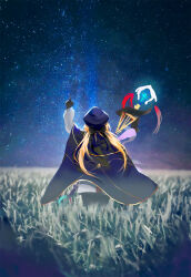 Rule 34 | artoria caster (fate), artoria caster (second ascension) (fate), artoria pendragon (fate), beret, black bow, black gloves, black pantyhose, blue cloak, blue hat, bow, cloak, fate/grand order, fate (series), gloves, grass, hat, highres, holding, holding staff, irlhui, night, pantyhose, pink ribbon, red ribbon, ribbon, shirt, skirt, sky, staff, star (sky), starry sky, twintails, white shirt, white skirt