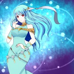 Rule 34 | 1girl, bare shoulders, blue hair, cape, dress, fire emblem, fire emblem: the blazing blade, fire emblem heroes, hair ornament, long hair, looking at viewer, ninian, nintendo, red eyes, short hair, smile, solo