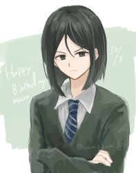 Rule 34 | 1boy, black hair, blush, character name, closed mouth, collared shirt, crossed arms, dated, fate (series), frown, green background, grey shirt, happy birthday, highres, iwano (iwanohiroko), long sleeves, lord el-melloi ii case files, male focus, necktie, shirt, solo, striped necktie, striped neckwear, twitter username, upper body, waver velvet, white background