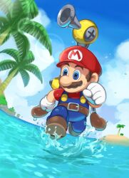 Rule 34 | 1boy, belt, blue eyes, blue overalls, blue sky, boots, brown belt, brown footwear, brown hair, clenched hands, cloud, day, f.l.u.d.d., facial hair, gloves, hat, highres, male focus, mario, mario (series), mustache, nintendo, official alternate costume, outdoors, overalls, palm tree, red hat, red shirt, running, sasaki sakiko, shirt, short hair, short sleeves, sky, solo, splashing, super mario sunshine, tree, water, white gloves