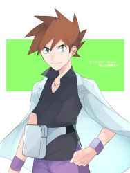 Rule 34 | 1boy, black shirt, brown hair, closed mouth, collared shirt, commentary request, creatures (company), fanny pack, game freak, gary oak, green background, grey bag, highres, jewelry, looking at viewer, male focus, necklace, nintendo, norisukep, pants, pokemon, pokemon (anime), pokemon dppt (anime), purple pants, purple wristband, shirt, short hair, short sleeves, smile, solo, spiked hair, translated, wristband