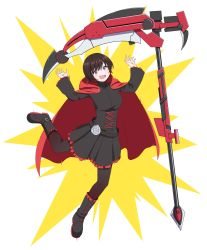 Rule 34 | 1girl, black dress, black hair, blazblue, blazblue: cross tag battle, boots, breasts, cape, crescent rose, donelectric don, dress, electrocution, grey eyes, highres, open mouth, pantyhose, ruby rose, rwby, screaming, scythe, short dress, short hair, smile, solo, teardrop, tears, weapon