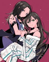 Rule 34 | 2girls, bad id, bad twitter id, bang dream!, bare shoulders, belt, black hair, blue eyes, brown hair, closed mouth, dress, green eyes, hair between eyes, hanazono tae, hand on another&#039;s arm, hand on another&#039;s shoulder, highres, long hair, looking at viewer, multiple girls, off-shoulder dress, off shoulder, pink background, shiontaso, sidelocks, sitting, smile, wakana rei, white dress