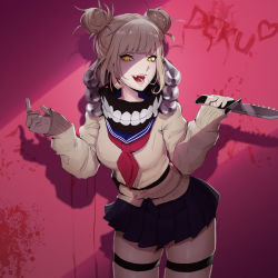 Rule 34 | 1girl, bandana, belt, belt pouch, black bandana, black skirt, black thighhighs, blonde hair, blood, blood on wall, blood splatter, blue sailor collar, blunt bangs, boku no hero academia, breasts, canister, cardigan, character name, combat knife, commentary, cowboy shot, double bun, eyelashes, fangs, hair bun, hair up, heart, holding, holding knife, inhoso, knife, lips, looking at viewer, medium breasts, messy hair, neckerchief, open mouth, pouch, red background, red neckerchief, sailor collar, school uniform, serafuku, shaded face, shadow, sidelocks, skindentation, skirt, sleeves past wrists, slit pupils, smile, solo, teeth, thigh strap, thighhighs, thighs, toga himiko, w arms, weapon, yellow cardigan, yellow eyes, zettai ryouiki