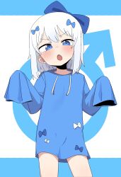 Rule 34 | 1boy, absurdres, blue bow, blue eyes, blue hoodie, blush, bow, commentary, cowboy shot, drawstring, fang, hair bow, highres, hood, hoodie, lakilolom, looking at viewer, mars symbol, medium hair, open mouth, original, sleeves past fingers, sleeves past wrists, solo, trap, variant set, white hair