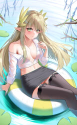 Rule 34 | 1girl, absurdres, arknights, black thighhighs, blonde hair, blush, breasts, cleft of venus, cropped shirt, hand up, highres, innertube, laurels, lily pad, long hair, looking at viewer, medium breasts, midriff, muelsyse (arknights), navel, no bra, no panties, open clothes, open shirt, pointy ears, pussy, pussy peek, shirt, sitting, solo, swim ring, thighhighs, very long hair, wet, white shirt, wuren, yellow eyes