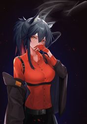 Rule 34 | 1girl, absurdres, animal ear fluff, animal ears, arknights, belt, black hair, black jacket, breasts, cigarette, collared shirt, commentary, cowboy shot, gradient background, highres, holding, holding cigarette, jacket, long hair, long sleeves, looking at viewer, medium breasts, miyazaki-san (mmyyzk), multicolored hair, off shoulder, official alternate costume, open clothes, open jacket, orange eyes, purple background, red hair, red jacket, red shirt, shirt, smoke, smoking, solo, texas (arknights), texas (willpower) (arknights), two-tone hair, underbust, wolf ears