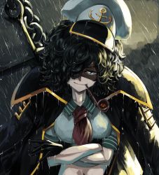 Rule 34 | &gt;:), 1girl, anchor, anchor symbol, ascot, bare arms, big hair, black cloud, black hair, chain, closed mouth, cloud, cloudy sky, coat, coat on shoulders, collared coat, collared shirt, crossed arms, day, dripping, gloves, green eyes, hair over one eye, half-closed eye, hat, head tilt, highres, midriff, murasa minamitsu, navel, outdoors, parted bangs, pipe in mouth, rain, sailor, sailor hat, shaded face, shirt, sky, smile, smoking pipe, smug, solo, stomach, sunnysideup, touhou, upper body, v-shaped eyebrows, water, wet, wet clothes, wet face, wet hair, wet shirt, wing collar