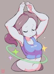Rule 34 | 1girl, armpits, arms up, artist name, black pants, blue shirt, blush, breasts, brown hair, closed eyes, closed mouth, clothes writing, collarbone, colored skin, copyright name, crop top, cropped torso, english text, female focus, forehead, grey background, grey skin, groin, hoop, hula hoop, light blush, long hair, lowres, medium breasts, midriff, navel, nintendo, pants, ponytail, shirt, signature, simple background, sleeveless, sleeveless shirt, solo, sparkle, standing, starmilk, stomach, sweat, wide hips, wii fit, wii fit trainer, wii fit trainer (female)
