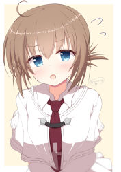 Rule 34 | 1girl, absurdres, ahoge, aqua eyes, arms behind back, blush, border, brown hair, chataring mai, collared shirt, commentary, cross print, flying sweatdrops, frown, hair between eyes, highres, looking at viewer, medium hair, necktie, open mouth, red necktie, school uniform, shirt, simple background, solo, subarashiki hibi, tachibana kimika, twitter username, upper body, white border, white shirt, yellow background
