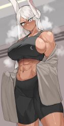 Rule 34 | 1girl, abs, alternate costume, animal ears, bike shorts, black bra, black shorts, boku no hero academia, bra, breasts, closed mouth, commentary, cowboy shot, crotch seam, dark-skinned female, dark skin, frown, glaring, highres, holding, holding towel, indoors, large breasts, long eyelashes, long hair, looking at viewer, mirko, muscular, muscular female, navel, parted bangs, rabbit ears, rabbit girl, red eyes, sanpaku, shorts, sideboob, solo, soolee040995, sports bra, sportswear, standing, steaming body, straight hair, sweat, symbol-only commentary, towel, underwear, v-shaped eyebrows, veins, white hair