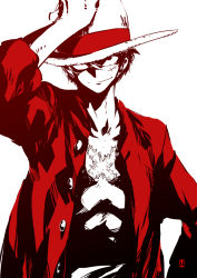 Rule 34 | 1boy, blouse, closed mouth, facial scar, hand on headwear, harymachinegun, hat, monkey d. luffy, one piece, open clothes, open shirt, partially colored, scar, scar on cheek, scar on chest, scar on face, shirt, short hair, simple background, split mouth, standing, straw hat, white background