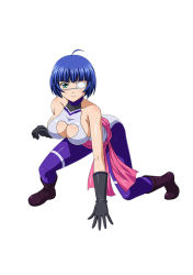 Rule 34 | 1girl, ahoge, blue eyes, blue hair, boots, breasts, cleavage, cleavage cutout, clothing cutout, eyepatch, gloves, heart cutout, ikkitousen, mole, ryomou shimei, smile, solo, tagme