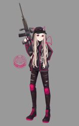 Rule 34 | 1girl, absurdres, bad id, bad pixiv id, bandaid, bandaid on face, bandaid on nose, black footwear, black hat, black jacket, black pants, cross-laced footwear, failnaught-em, fingerless gloves, full body, gloves, goggles, goggles on headwear, grey background, gun, hand on own hip, hat, highres, holding, holding gun, holding weapon, jacket, lilia darkenrock, long hair, original, pants, pink eyes, solo, standing, very long hair, weapon, zipper