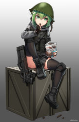 Rule 34 | 1girl, absurdres, black footwear, black skirt, black thighhighs, blush, boots, bullpup, closed mouth, commentary request, convenient leg, crate, cross-laced footwear, ear protection, eating, food, full body, gradient background, green eyes, green hair, grey background, grey jacket, gun, hair between eyes, headset, helmet, highres, holding, holding food, hood, hood down, hooded jacket, jacket, knee pads, knee up, lace-up boots, ndtwofives, original, p90, personal defense weapon, pleated skirt, sitting, skirt, smile, solo, submachine gun, thick eyebrows, thighhighs, thighhighs under boots, virtual youtuber, weapon, white background