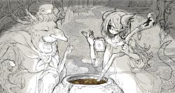 Rule 34 | 2girls, antlers, commentary request, cookbook, curry, food, greyscale, hair over one eye, horns, long hair, long nose, long sleeves, monochrome, multiple girls, old, old woman, original, parallela66, spot color, staff, sweatdrop, tail, upper body, witch