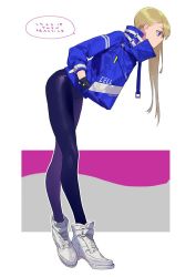 Rule 34 | 1girl, asymmetrical hair, blonde hair, blue eyes, collar, from side, hands in pockets, jacket, leggings, long hair, no mouth, original, shoes, sneakers, solo, yamakawa