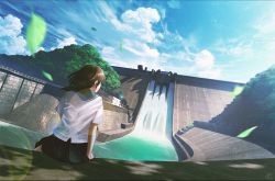 Rule 34 | 1girl, arm support, blue sailor collar, blue sky, blurry, brown hair, building, cloud, cloudy sky, commentary request, dam, day, depth of field, facing away, falling leaves, leaf, lens flare, mocha (cotton), original, outdoors, railing, sailor collar, scenery, school uniform, serafuku, shade, shirt, short hair, sidelocks, signature, sitting, skirt, sky, solo, sunlight, tree, tree shade, water, white shirt, wind