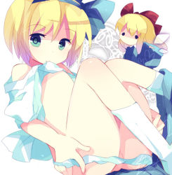 Rule 34 | 1girl, alice margatroid, alice margatroid (pc-98), bare shoulders, blonde hair, blue hairband, bow, clothes lift, doll, female focus, green eyes, hair bow, hairband, kobato (artist), morinaga kobato, mouth hold, mystic square, panties, ribbon, shanghai doll, shirt lift, short hair, socks, solo, touhou, touhou (pc-98), underwear, wings, aged down