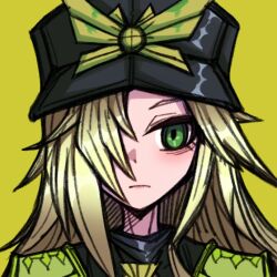 Rule 34 | 1girl, black hat, black souls, blonde hair, closed mouth, commentary, frown, green eyes, hair over one eye, hat, koshou shou mitsu, long hair, portrait, rapunzel (black souls), simple background, solo, straight hair, symbol-only commentary, upper body, yellow background