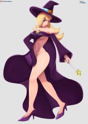 Rule 34 | 1girl, bare shoulders, blonde hair, blue eyes, breasts, cleavage, closed mouth, collarbone, cosplay, dress, earrings, extended upskirt, full body, grey background, hair over one eye, halloween, hat, high heels, highres, jewelry, legs, long hair, long sleeves, mario (series), mario kart, mario kart tour, nail polish, navel, nintendo, no bra, no panties, nude, pubic tattoo, purple dress, rosalina, serious, simple background, solo, super mario galaxy, tattoo, thighs, upskirt, wand, witch, witch hat, zelc-face