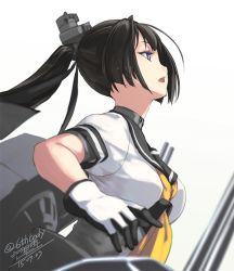 Rule 34 | 10s, 1girl, akizuki (kancolle), artist name, black hair, blue eyes, breasts, dated, gloves, kantai collection, large breasts, looking at viewer, open mouth, rokuwata tomoe, simple background, solo, teeth, turret, twitter username, white background