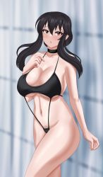 Rule 34 | 1girl, bare shoulders, black hair, blush, breasts, choker, cleavage, collarbone, gudakoguda, highres, large breasts, long hair, looking at viewer, open mouth, red eyes, sidelocks, solo, spy x family, swimsuit, thighs, yor briar
