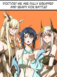 Rule 34 | 3girls, absurdres, ahoge, arknights, bare shoulders, bikini, black bikini, black hair, black one-piece swimsuit, blonde hair, blue bikini, blue jacket, breasts, cleavage, clenched hand, commentary, goggles, goggles around neck, grin, hair between eyes, hair intakes, hand up, highres, horns, jacket, la pluma (arknights), la pluma (summer flowers) (arknights), large breasts, long hair, looking at viewer, mudrock (arknights), mudrock (silent night) (arknights), multiple girls, navel, off shoulder, official alternate costume, one-piece swimsuit, open clothes, open jacket, open mouth, orange background, orange eyes, pointy ears, red eyes, shining (arknights), shining (silent night) (arknights), simple background, smile, stomach, swimsuit, symmetricturd, upper body, very long hair, white hair