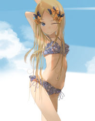 Rule 34 | 1girl, ;), abigail williams (fate), alternate costume, arm behind head, arms up, bikini, black bow, blue bikini, blue sky, bow, closed mouth, cloud, day, fate/grand order, fate (series), forehead, frilled bikini, frills, hair bow, hair in own mouth, long hair, looking at viewer, multiple hair bows, navel, one eye closed, orange bow, outdoors, parted bangs, polka dot, polka dot bow, sakazakinchan, sky, smile, solo, standing, swimsuit, very long hair