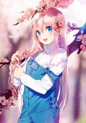Rule 34 | 1girl, :d, artist name, blurry, blush, branch, cherry blossoms, cowboy shot, depth of field, eyebrows, flat chest, flower, hair between eyes, hair flower, hair ornament, holding, holding hair, light particles, long sleeves, looking at viewer, open mouth, original, overalls, pink flower, pink hair, ribbed sweater, smile, solo, spring (season), strap slip, sukja, sunlight, sweater, turtleneck, water drop, white sweater