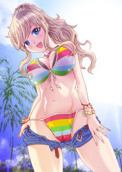 Rule 34 | 10s, 1girl, arms at sides, bikini, blonde hair, blue eyes, blush, breasts, cameltoe, from below, front-tie bikini top, front-tie top, head tilt, idolmaster, idolmaster cinderella girls, idolmaster cinderella girls starlight stage, large breasts, long hair, multicolored bikini, multicolored clothes, ohtsuki yui, open mouth, ponytail, rainbow, rurukichi, side-tie bikini bottom, smile, solo, striped bikini, striped clothes, swimsuit