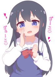 Rule 34 | 1girl, :d, black hair, blue dress, blue eyes, blush, bow, bowtie, child, commentary request, dress, hands up, hatafuta, heart, long hair, long sleeves, looking at viewer, necktie, open mouth, red bow, red bowtie, sailor collar, sailor dress, school uniform, shirosaki hana, shirt, simple background, smile, solo, translation request, upper body, watashi ni tenshi ga maiorita!, white background, white sailor collar, white shirt