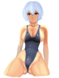 Rule 34 | 1girl, ayanami rei, breasts, bursting breasts, fat mons, hayakawa sonchou, highleg, highleg swimsuit, large breasts, neon genesis evangelion, one-piece swimsuit, partially visible vulva, red eyes, short hair, solo, swimsuit