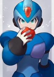 Rule 34 | 1boy, android, apple, armor, commentary request, covering own mouth, dated, food, fruit, green eyes, hand up, helmet, highres, holding, holding food, holding fruit, looking at viewer, male focus, mega man (series), mega man x (series), mega man x dive, shadow, simple background, solo, tobitori, x (mega man)