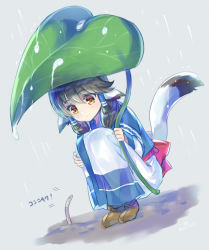 Rule 34 | 1girl, ainu clothes, animal ears, aquaplus, aruruu, boots, brown hair, closed mouth, dress, female focus, from side, full body, holding, holding leaf, leaf, long sleeves, looking to the side, medium hair, orange eyes, outdoors, rain, raised eyebrows, solo, squatting, tail, utawarerumono, yami nabe23