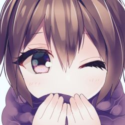 Rule 34 | 1girl, bad id, bad pixiv id, brown hair, close-up, covering own mouth, eyelashes, hair between eyes, highres, looking at viewer, omucchan (omutyuan), one eye closed, portrait, purple scarf, scarf, short hair, simple background, solo, tareme, upper body, white background