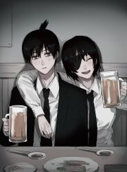 Rule 34 | 1boy, 1girl, :d, arm around neck, beer mug, black eyes, black hair, black jacket, black necktie, black suit, blush, bob cut, breasts, buttoned cuffs, buttons, chainsaw man, chopsticks, closed mouth, collared shirt, cup, drink, ebanoniwa, expressionless, eyepatch, facing viewer, food, formal, hair between eyes, hayakawa aki, himeno (chainsaw man), holding, holding cup, indoors, jacket, long sleeves, looking at viewer, medium breasts, mug, necktie, open clothes, open jacket, open mouth, plate, shirt, short hair, sidelocks, smile, suit, suit jacket, teeth, topknot, upper body, upper teeth only, white shirt, wing collar