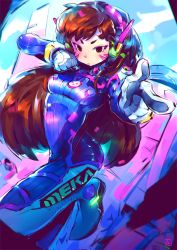 Rule 34 | 1girl, andrewcockroach, bodysuit, breasts, brown eyes, brown hair, clenched hand, d.va (overwatch), facepaint, facial mark, finger gun, long hair, neon trim, overwatch, overwatch 1, pilot suit, ribbed bodysuit, shoulder pads, small breasts, solo, swept bangs, whisker markings