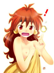 Rule 34 | !, 1girl, bare shoulders, blush, covering privates, covering breasts, earrings, fireball, flat chest, jewelry, lina inverse, nagian, nipples, open mouth, red eyes, red hair, slayers, small nipples, solo, teeth