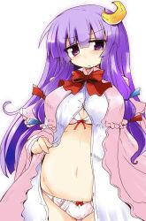 Rule 34 | 1girl, bow, bow panties, bra, breasts, crescent, crescent hair ornament, dress shirt, female focus, hair ornament, hair ribbon, highres, large breasts, long hair, looking at viewer, midriff, navel, no headwear, open clothes, panties, patchouli knowledge, purple eyes, purple hair, ribbon, shirogane (platinum), shirt, simple background, solo, touhou, underwear, white background, white bra, white panties