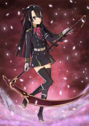 Rule 34 | &gt;:), 1girl, absurdres, arm at side, armband, belt, black footwear, black hair, black shirt, black skirt, boots, bow, bowtie, brown eyes, cherry blossoms, closed mouth, commentary, frown, full body, gloves, hair between eyes, highres, holding, holding weapon, itaro, knee boots, koori chikage, leaf, long hair, looking at viewer, maple leaf, necktie, nogi wakaba wa yuusha de aru, one side up, petals, pink bow, pink bowtie, pink necktie, scythe, shirt, skirt, solo, standing, standing on one leg, v-shaped eyebrows, very long hair, weapon, white gloves, yuusha de aru