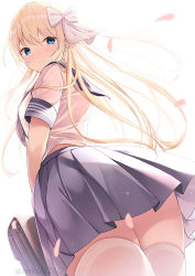 Rule 34 | 1girl, ass, bag, blonde hair, blue eyes, blush, bookbag, bow, breasts, closed mouth, floating hair, from behind, from below, hair between eyes, hair bow, holding, holding bag, long hair, looking at viewer, looking back, nekokobushi, original, petals, pleated skirt, purple skirt, sailor collar, school uniform, serafuku, shirt, short sleeves, simple background, skirt, smile, solo, tareme, thighhighs, twitter username, two side up, v arms, very long hair, white background, white shirt, white thighhighs, wind, zettai ryouiki