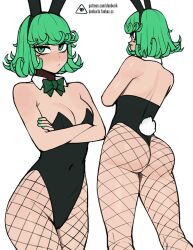 Rule 34 | 1girl, animal ears, ass, back, bow, bowtie, breasts, curly hair, curvy, detached collar, donburi (donburikazoku), fake animal ears, fake tail, fishnet pantyhose, fishnets, green bow, green bowtie, green eyes, green hair, green nails, highleg, highleg leotard, highres, leotard, looking at viewer, multiple views, one-punch man, pantyhose, playboy bunny, rabbit tail, simple background, small breasts, tail, tatsumaki, white background, wide hips