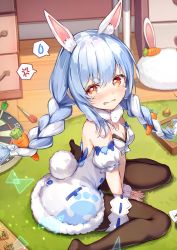 Rule 34 | 1girl, absurdres, anger vein, animal ear fluff, animal ears, bare shoulders, between legs, black leotard, blue hair, blush, bow, braid, brat (brabrabrat00), breasts, bridal garter, brown eyes, brown pantyhose, carrot hair ornament, cleavage, clubhouse games, crying, crying with eyes open, dart, detached sleeves, don-chan (usada pekora), drawer, dress, eyelashes, food-themed hair ornament, full body, fur-trimmed dress, fur scarf, fur trim, hair between eyes, hair ornament, hair ribbon, hand between legs, hands on ground, heart, highres, hololive, indoors, leotard, long hair, looking at viewer, medium breasts, multicolored hair, no shoes, non-web source, open mouth, pantyhose, pekomon (usada pekora), pleated skirt, puffy short sleeves, puffy sleeves, rabbit ears, rabbit girl, rabbit tail, ribbon, short eyebrows, short sleeves, sitting, skirt, small breasts, solo, spoken anger vein, spoken heart, spoken sweatdrop, strapless, strapless dress, streaked hair, sweatdrop, tail, tatami, tears, thick eyebrows, tress ribbon, twin braids, twintails, two-tone hair, usada pekora, usada pekora (1st costume), virtual youtuber, wariza, white bow, white dress, white hair