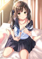 Rule 34 | 1girl, bare arms, bare shoulders, barefoot, bed, black sailor collar, black skirt, blue ribbon, blush, bra, breasts, brown hair, burenbo, closed mouth, collarbone, commentary request, curtains, day, hair ribbon, head tilt, highres, hospital bed, indoors, infirmary, lace, lace-trimmed bra, lace trim, long hair, looking at viewer, miniskirt, original, pillow, pleated skirt, ribbon, sailor collar, school uniform, serafuku, shirt, short sleeves, sidelocks, sitting, skirt, small breasts, solo, sunlight, twintails, underwear, undressing, wariza, white bra, white shirt, window, yellow eyes, zipper pull tab