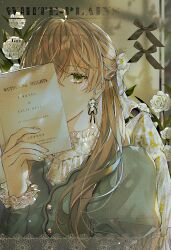 Rule 34 | 1girl, ahoge, blue shirt, blush, book, brown hair, buttons, covering face, earrings, flower, frilled shirt, frills, green eyes, hair between eyes, half updo, high collar, highres, holding, holding book, indoors, jewelry, juliet sleeves, lace background, layered clothes, long hair, long sleeves, looking at viewer, ma yoyo, original, plant, puffy sleeves, raised eyebrows, shadow, shirt, sidelocks, solo, straight hair, white flower, white shirt