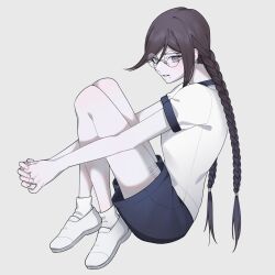 Rule 34 | 1girl, alternate costume, black hair, blue shorts, braid, danganronpa: trigger happy havoc, danganronpa (series), from side, fukawa toko, glasses, highres, knees up, leg tattoo, ling yun (amadare0803), long hair, mole, mole under mouth, own hands together, puffy short sleeves, puffy sleeves, round eyewear, shirt, short sleeves, shorts, simple background, socks, solo, sportswear, tattoo, twin braids, twintails, white footwear, white shirt, white socks