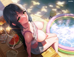 Rule 34 | 1girl, alcohol, arms at sides, bare arms, bare legs, bare shoulders, black hair, blue shorts, blush, breasts, breasts out, camisole, collarbone, cup, day, drinking glass, dutch angle, eyelashes, food, from above, fruit, glint, hair between eyes, highres, hot, ice, ice cube, incense, kayari buta, large breasts, long hair, looking at viewer, mosquito coil, nipples, non-web source, ogre (illustogre), original, outdoors, perky breasts, short shorts, shorts, sidelocks, sitting, smile, solo, spaghetti strap, summer, sweat, veranda, very long hair, wading pool, watermelon, whiskey, white camisole, yellow eyes