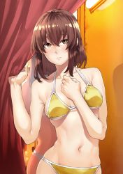 Rule 34 | 1girl, bad id, bad twitter id, bikini, blush, brown eyes, brown hair, character request, clenched hand, commentary request, curtains, fitting room, hand on own chest, highres, looking to the side, mirror, nakajima ryou, navel, reflection, solo, swimsuit, yellow bikini