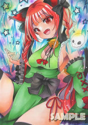 Rule 34 | 1girl, :d, adapted costume, animal ears, bell, black bow, black thighhighs, blue fire, blunt bangs, blush, bow, braid, breasts, cat ears, cat tail, cleavage, detached sleeves, dress, fang, fire, flaming skull, floating skull, green dress, hair bow, hair ribbon, head tilt, highres, hitodama, jingle bell, kaenbyou rin, long hair, long sleeves, looking at viewer, maccha xxxxxx, medium breasts, multiple tails, neck bell, nekomata, open mouth, red eyes, red hair, ribbon, smile, solo, star (symbol), tail, thighhighs, thighs, touhou, traditional media, tress ribbon, twin braids, twintails, two tails, wide sleeves